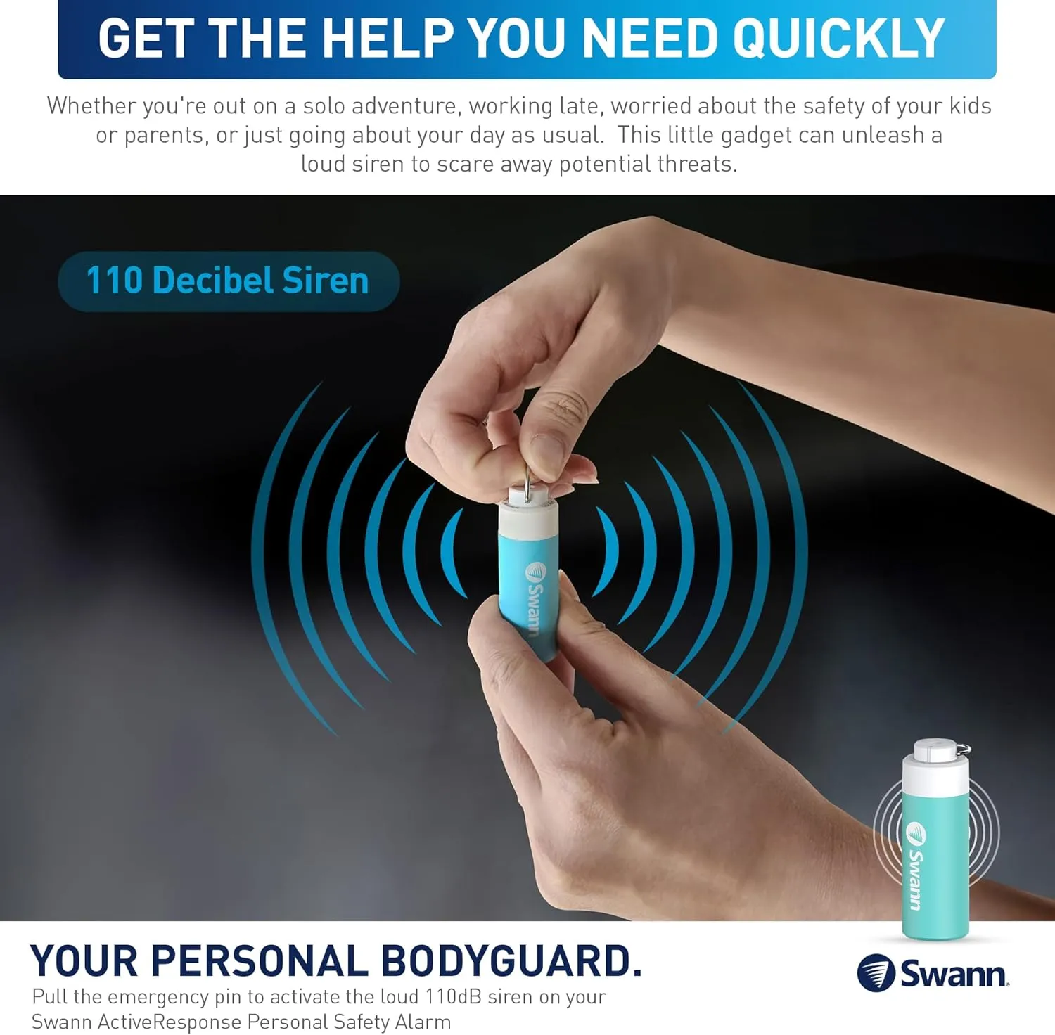 Swann ActiveResponse Mobile Personal Safety Alarm - 110dB Loud Emergency Siren with SMS Alerts & Mobile Connectivity, Long Battery Life, Smart SOS Safety Alarm, Key Chain, MPRS