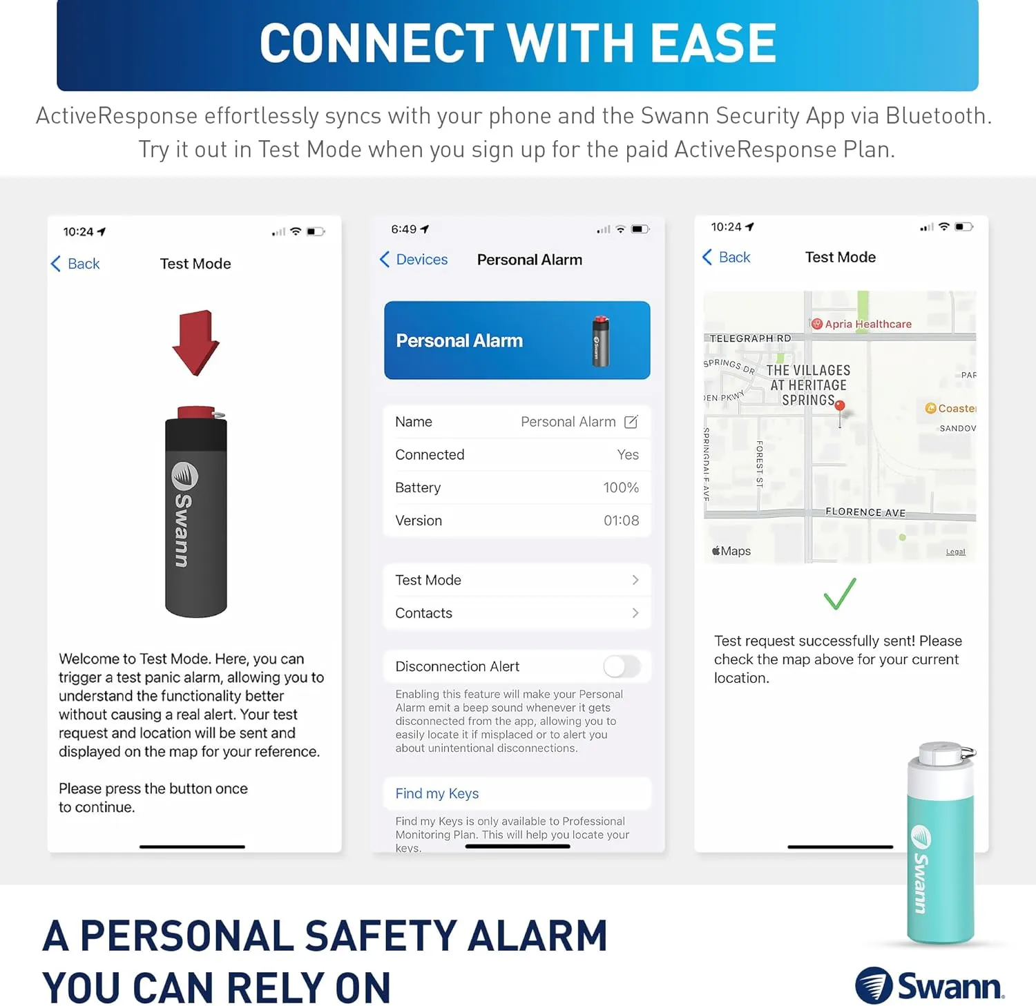 Swann ActiveResponse Mobile Personal Safety Alarm - 110dB Loud Emergency Siren with SMS Alerts & Mobile Connectivity, Long Battery Life, Smart SOS Safety Alarm, Key Chain, MPRS