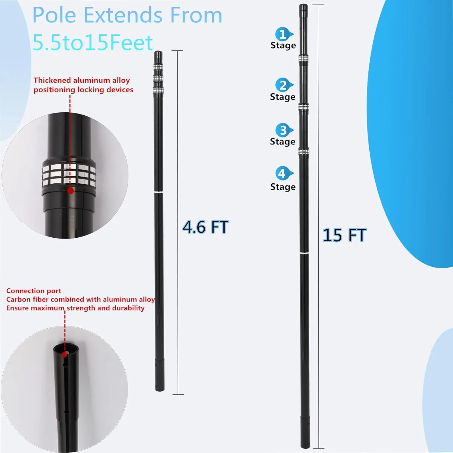 Swimming Pool Pole Carbon Fiber，Pool Skimmer Pole Telescopic Swimming，Pool Cleaning Pole, Advanced Adjustable Telescopic Pole, Used for Skimming nets, Brushes, Vacuum Heads (15 Feet)
