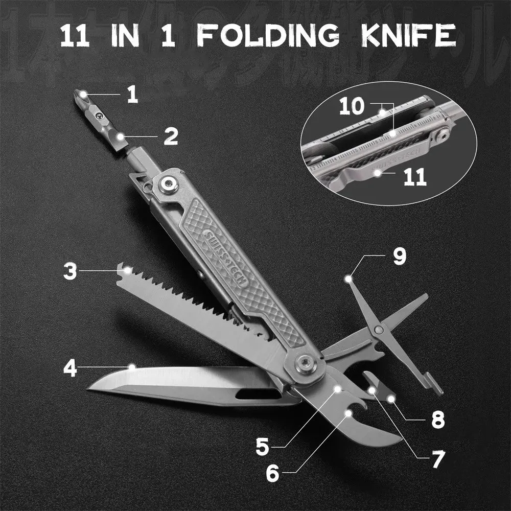 SWISS TECH 11-in-1 Stainless Steel Folding Multi Knife Compact Outdoor Pocket Tool
