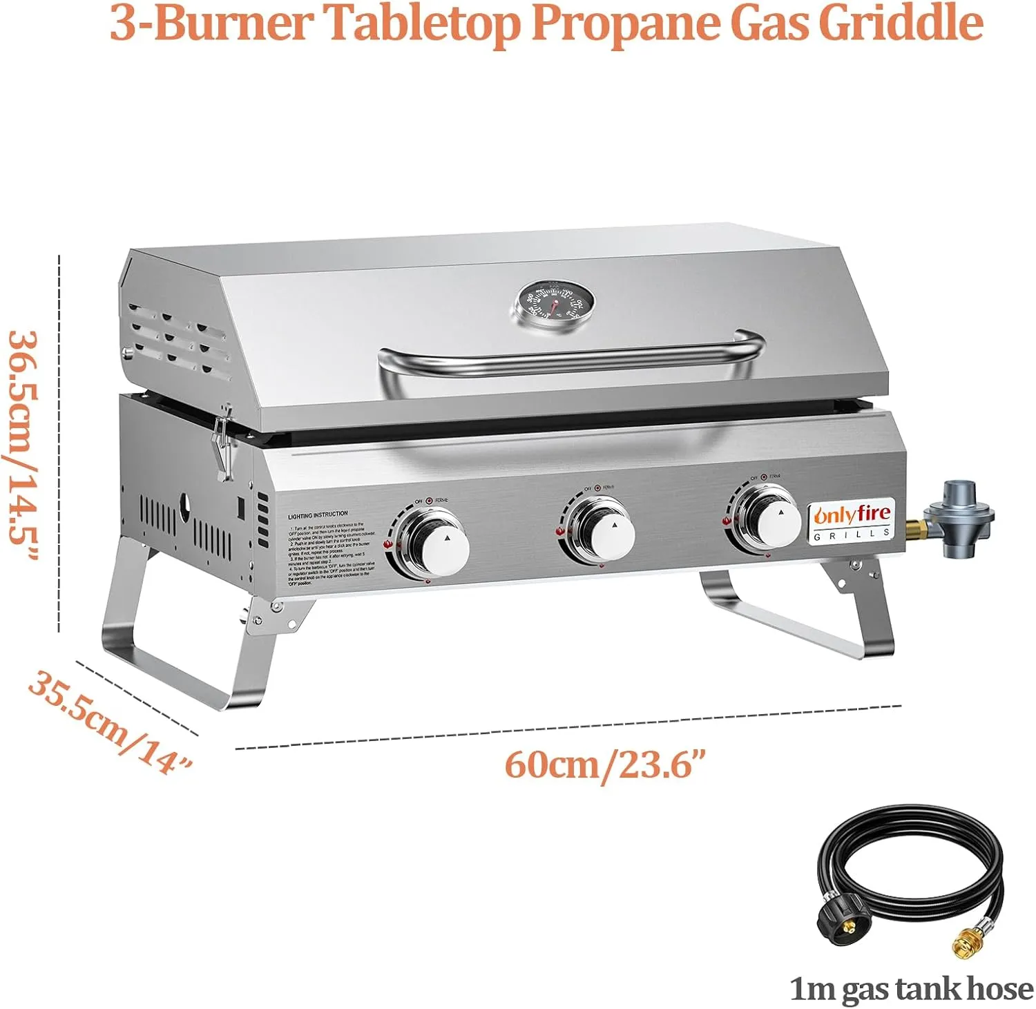 Tabletop Gas Griddle with Foldable Legs, Portable 3-Burner Propane Gas Flat Top Grill Griddle for Outdoor Cooking Patio Barbecue Camping Tailgating RV BBQ, Stainless Steel, #GS309