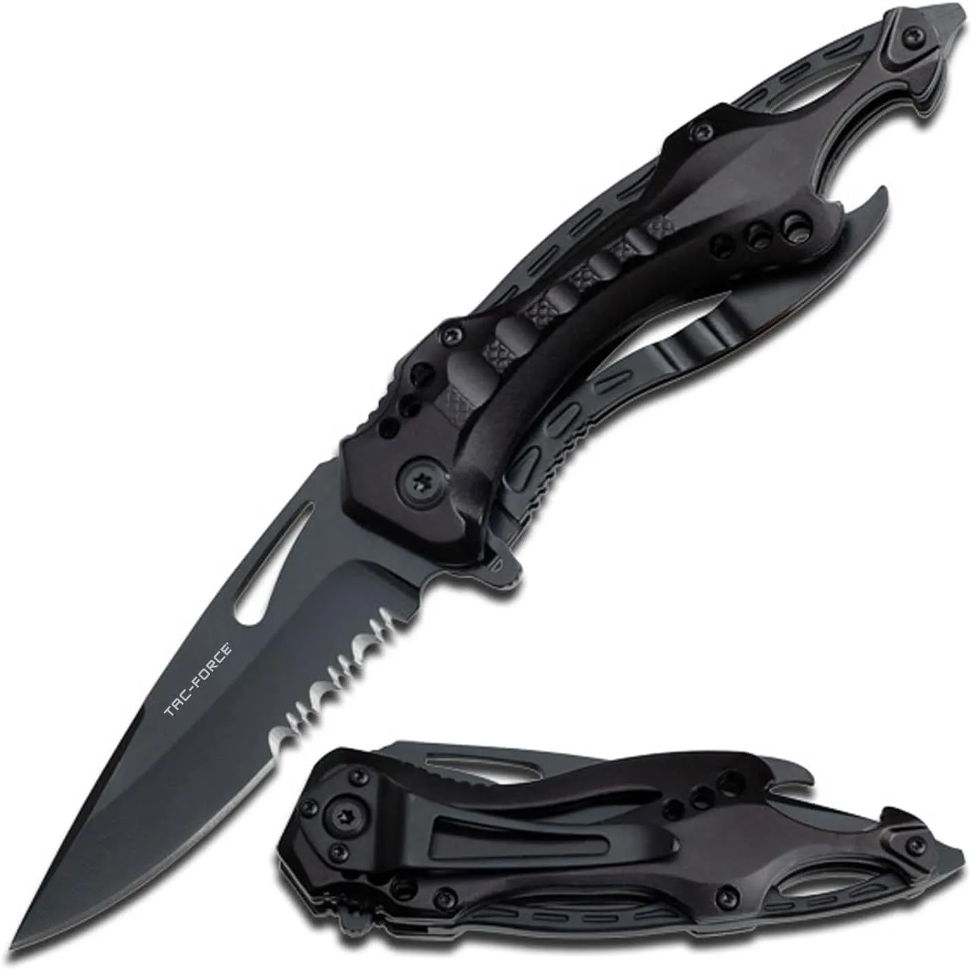 Tac-Force Folding Pocket Knife, 3.25-inch Serrated Blade, Black Aluminum Handle, 7.75-inch Overall Length TF-705BKPL