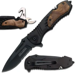 Tac-Force- Folding Pocket Knife – Black Partially Serrated Blade, Aluminum Handle w/Burl Wood, Can Opener, Rope Cutter, Glass Punch, Pocket Clip, Tactical, EDC, Rescue - TF-606WS