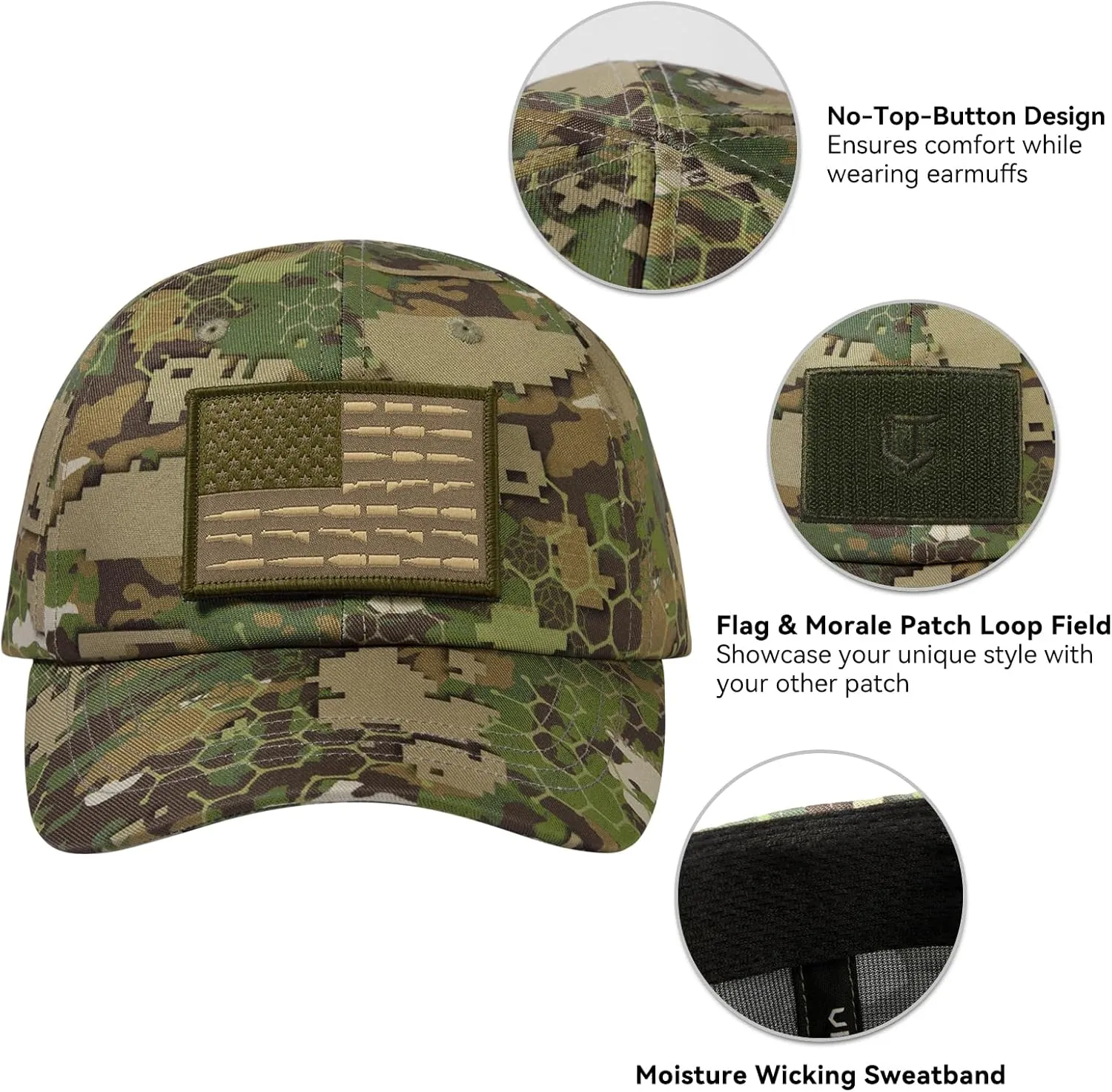 Tactical Hat with Flag Patch Camo Military Army Hats Adjustable Trucker Baseball Cap Soft Top for Shooting
