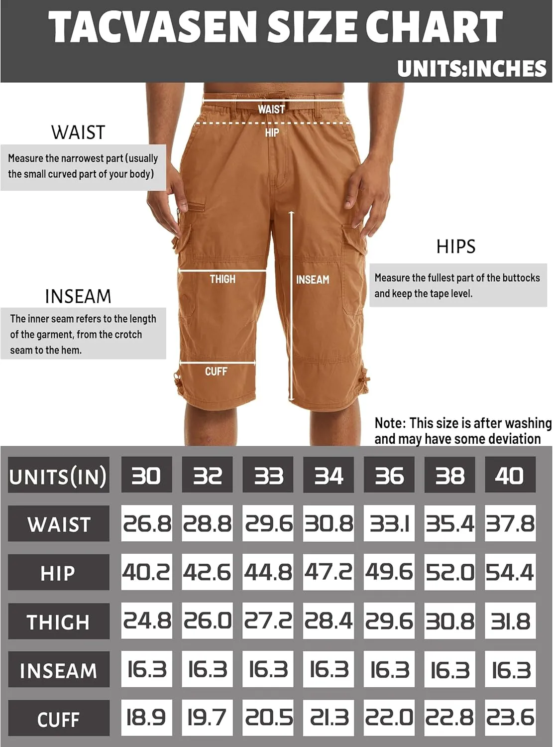 TACVASEN Men's Capri Pants with 7 Pockets Cargo Shorts Twill Elastic Below Knee 3/4 Capri Long Shorts