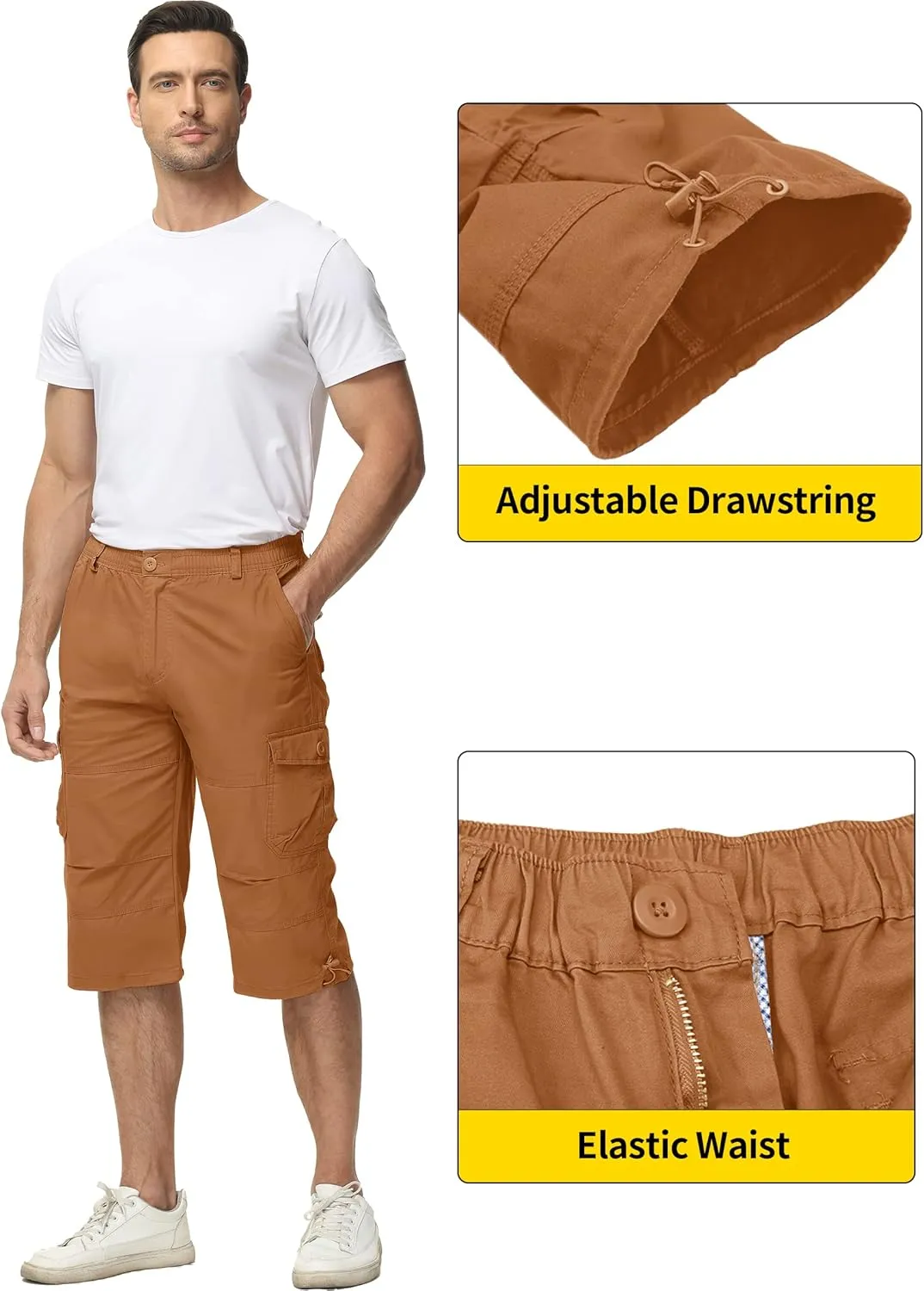TACVASEN Men's Capri Pants with 7 Pockets Cargo Shorts Twill Elastic Below Knee 3/4 Capri Long Shorts