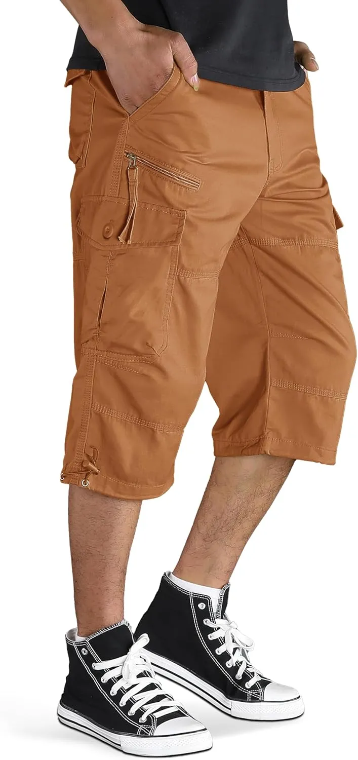 TACVASEN Men's Capri Pants with 7 Pockets Cargo Shorts Twill Elastic Below Knee 3/4 Capri Long Shorts