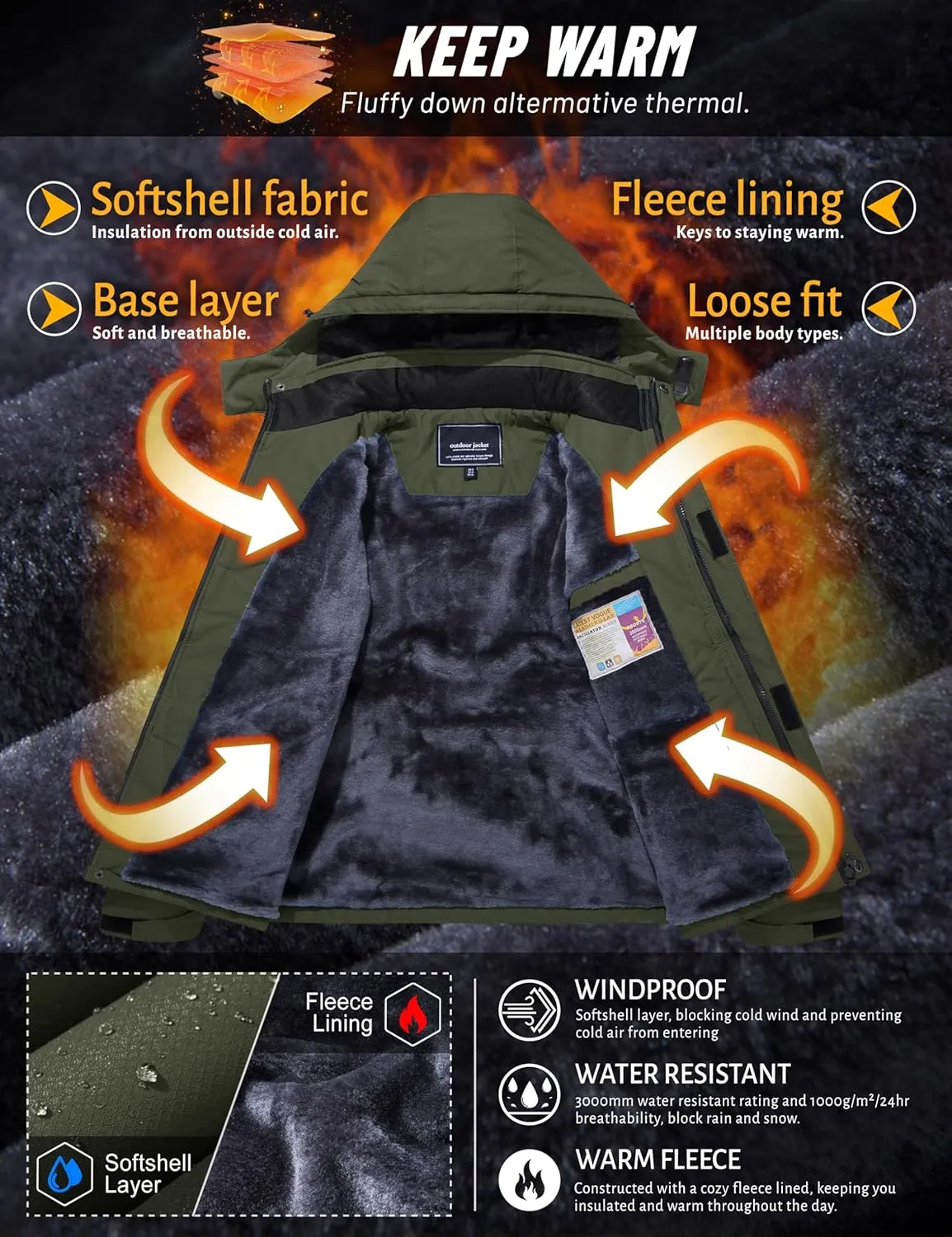 TACVASEN Men's Ski Snowboard Jacket Warm Winter Windproof Hiking Fishing Travel Fleece Lined Jacket Hooded with Pockets