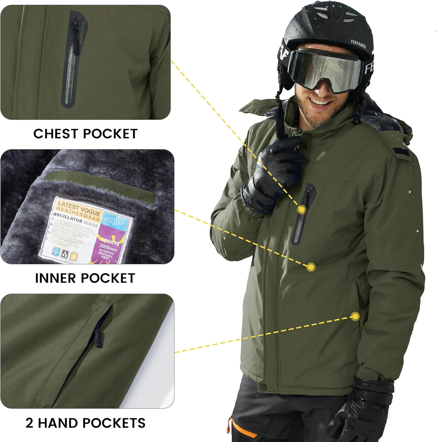 TACVASEN Men's Ski Snowboard Jacket Warm Winter Windproof Hiking Fishing Travel Fleece Lined Jacket Hooded with Pockets
