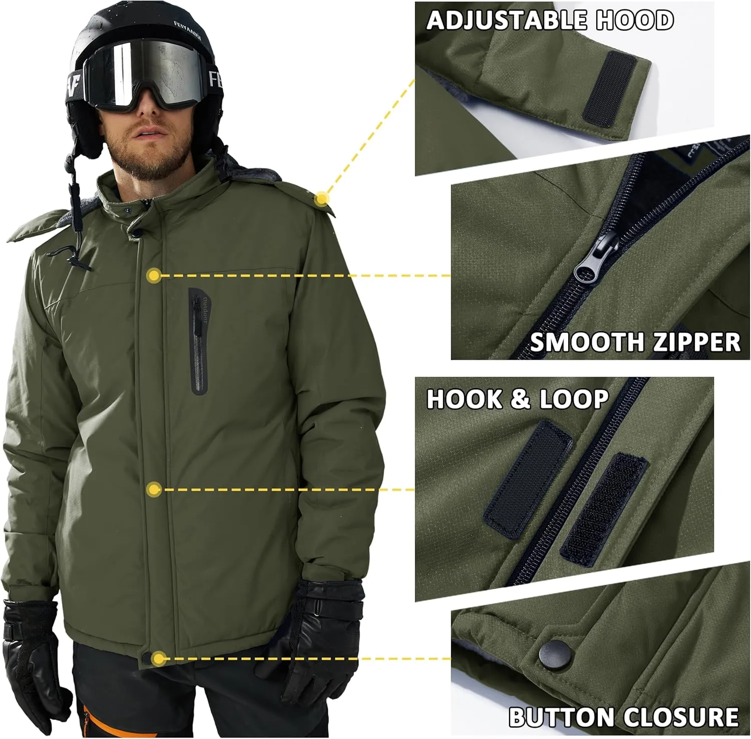TACVASEN Men's Ski Snowboard Jacket Warm Winter Windproof Hiking Fishing Travel Fleece Lined Jacket Hooded with Pockets