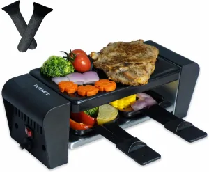 TAMARIT Raclette Grill for 2 Person, Compact Indoor Electric Korean BBQ Grill 450W Portable Tabletop Grill with Non-Stick Iron Plate and 2 Cheese Pans Ideal for Small Kitchen or Apartment, Black/Small