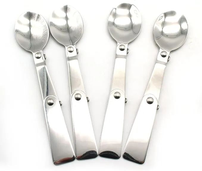 TEMO 4 pc Stainless Steel Three Folding Camping Spoon Dish Washer Safe, 2.25 Inch Folding Length