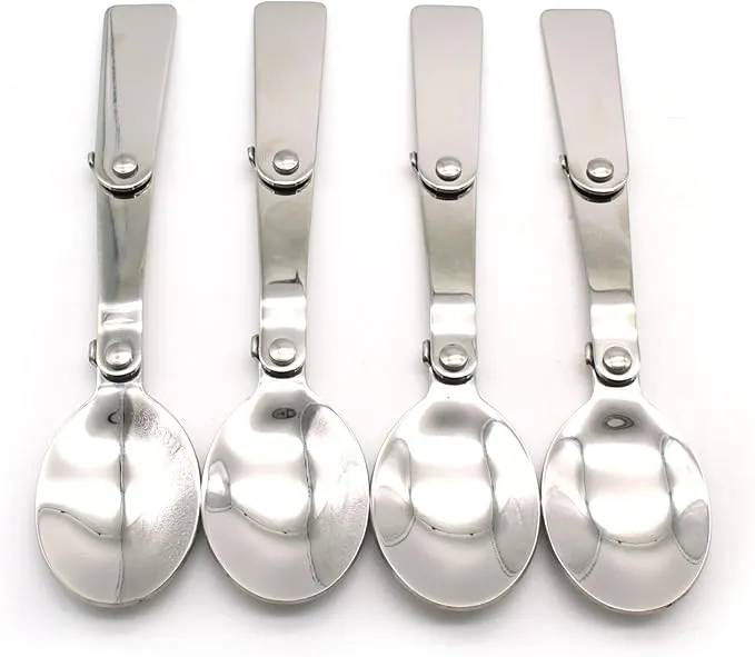 TEMO 4 pc Stainless Steel Three Folding Camping Spoon Dish Washer Safe, 2.25 Inch Folding Length