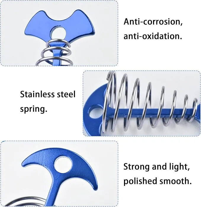 Tent Stakes, 8Pcs Fishbone Deck Anchor Pegs, Aluminium Alloy Fishbone Rope Tensioner Kit, Windproof Ultralight Plank Board Tent Stakes, Spring Anchor Guyline Cord Adjuster for Camping Hiking (Blue)
