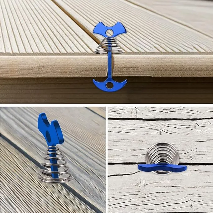 Tent Stakes, 8Pcs Fishbone Deck Anchor Pegs, Aluminium Alloy Fishbone Rope Tensioner Kit, Windproof Ultralight Plank Board Tent Stakes, Spring Anchor Guyline Cord Adjuster for Camping Hiking (Blue)