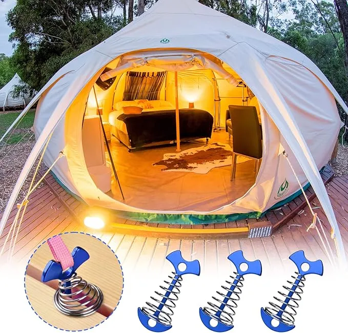Tent Stakes, 8Pcs Fishbone Deck Anchor Pegs, Aluminium Alloy Fishbone Rope Tensioner Kit, Windproof Ultralight Plank Board Tent Stakes, Spring Anchor Guyline Cord Adjuster for Camping Hiking (Blue)