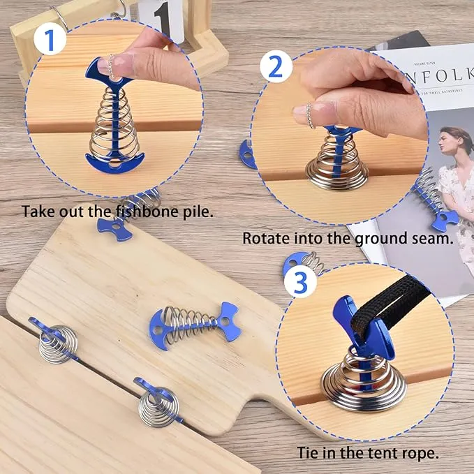 Tent Stakes, 8Pcs Fishbone Deck Anchor Pegs, Aluminium Alloy Fishbone Rope Tensioner Kit, Windproof Ultralight Plank Board Tent Stakes, Spring Anchor Guyline Cord Adjuster for Camping Hiking (Blue)