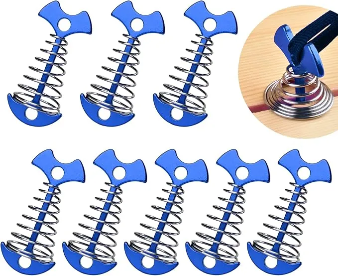 Tent Stakes, 8Pcs Fishbone Deck Anchor Pegs, Aluminium Alloy Fishbone Rope Tensioner Kit, Windproof Ultralight Plank Board Tent Stakes, Spring Anchor Guyline Cord Adjuster for Camping Hiking (Blue)