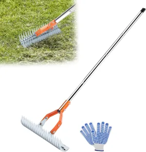 Thatch Rake, 15 Inch Lawn Thatching Rake, Heavy-Duty Dethatcher Rake with Gloves, 64 Inch Versatile Grass Grooming Rake for Withered Grass Cleaning Yard Garden Soil Rake