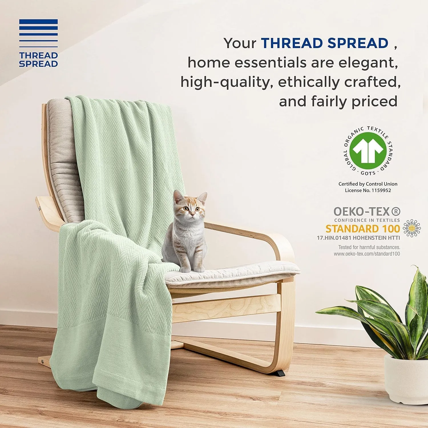 THREAD SPREAD Knitted Geometric Herringbone Pattern Handwoven Blanket 100% Extra Long Staple Cotton - Soft & Cozy Thermal All Season Throw for Bed Couch Chair Outdoors (Twin/Twin XL, Sage)