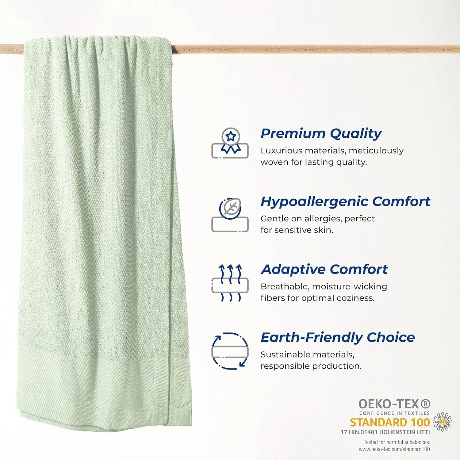 THREAD SPREAD Knitted Geometric Herringbone Pattern Handwoven Blanket 100% Extra Long Staple Cotton - Soft & Cozy Thermal All Season Throw for Bed Couch Chair Outdoors (Twin/Twin XL, Sage)