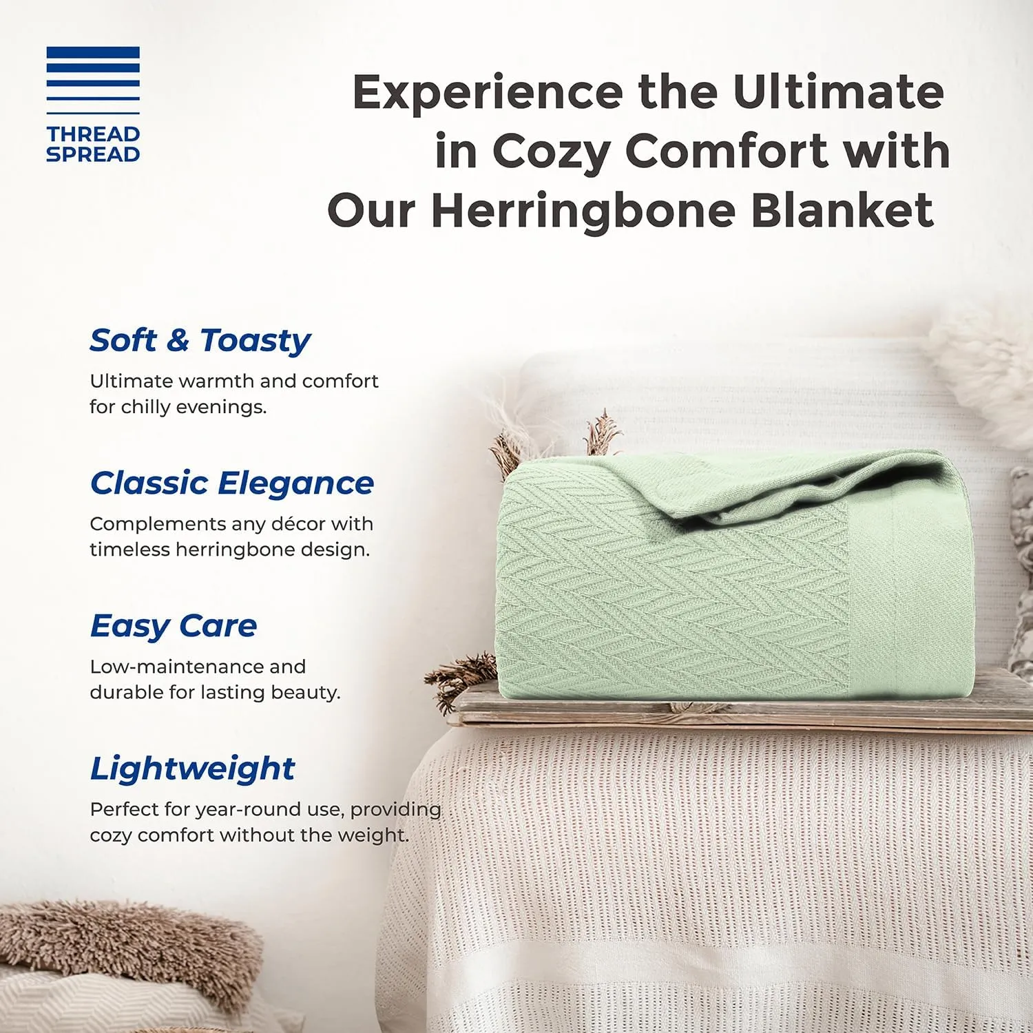 THREAD SPREAD Knitted Geometric Herringbone Pattern Handwoven Blanket 100% Extra Long Staple Cotton - Soft & Cozy Thermal All Season Throw for Bed Couch Chair Outdoors (Twin/Twin XL, Sage)