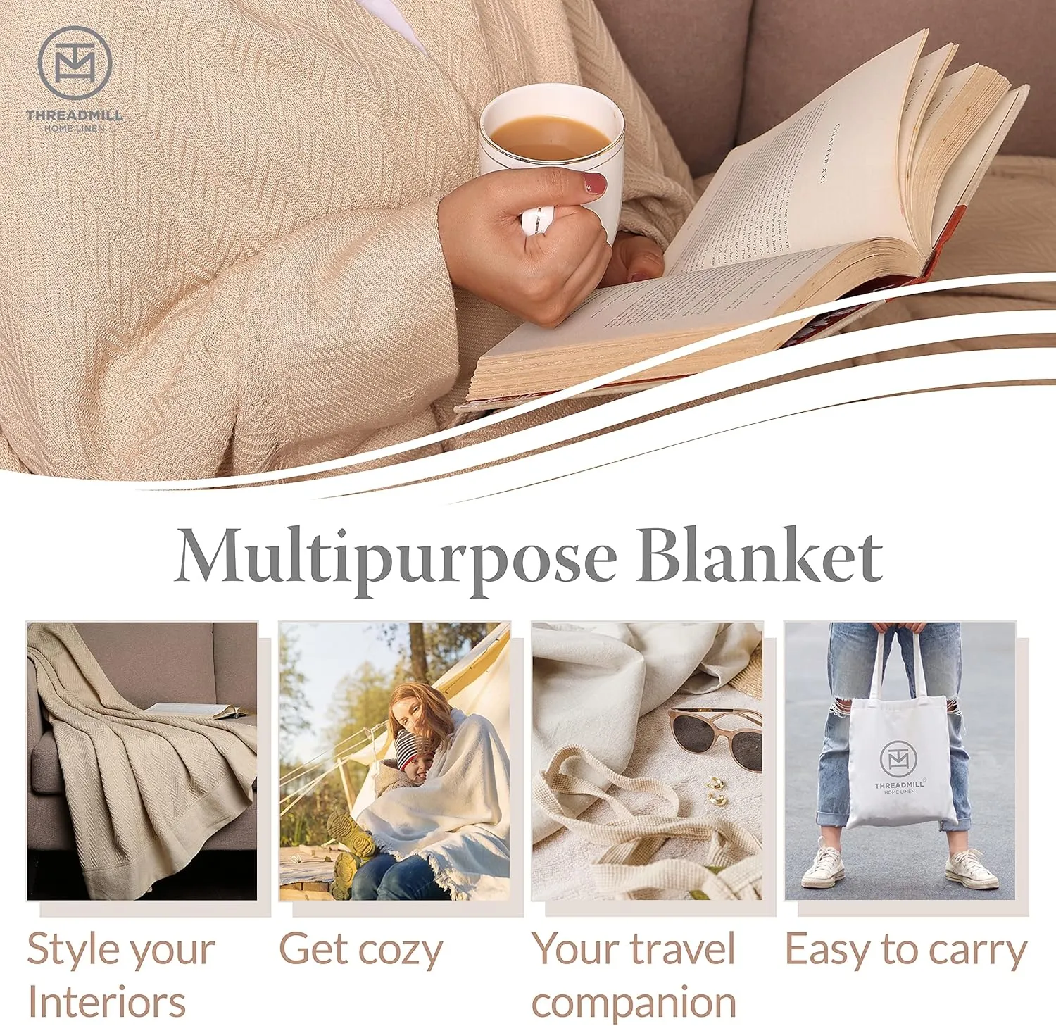 Threadmill Luxury Cotton Blanket for King Size Bed | All-Seasons Breathable Oeko TEX 100% Cotton King Size Blanket | Cozy Soft Thermal fits California King Size Bed 106 x92 inches | White