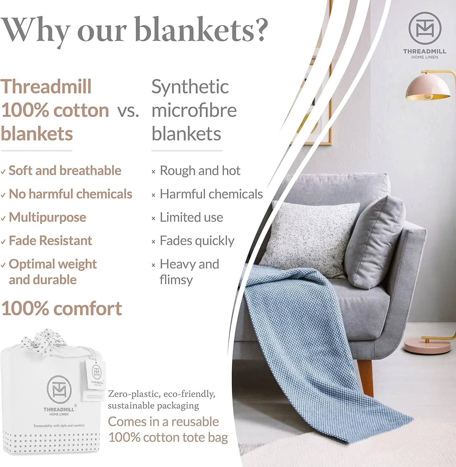 Threadmill Luxury Cotton Blankets for Queen Size Bed | All-Season 100% Cotton Queen Size Blanket | Herringbone Cozy, Soft Breathable Fall Thermal Blanket fits Full Size Bed, 90x92 | Beige
