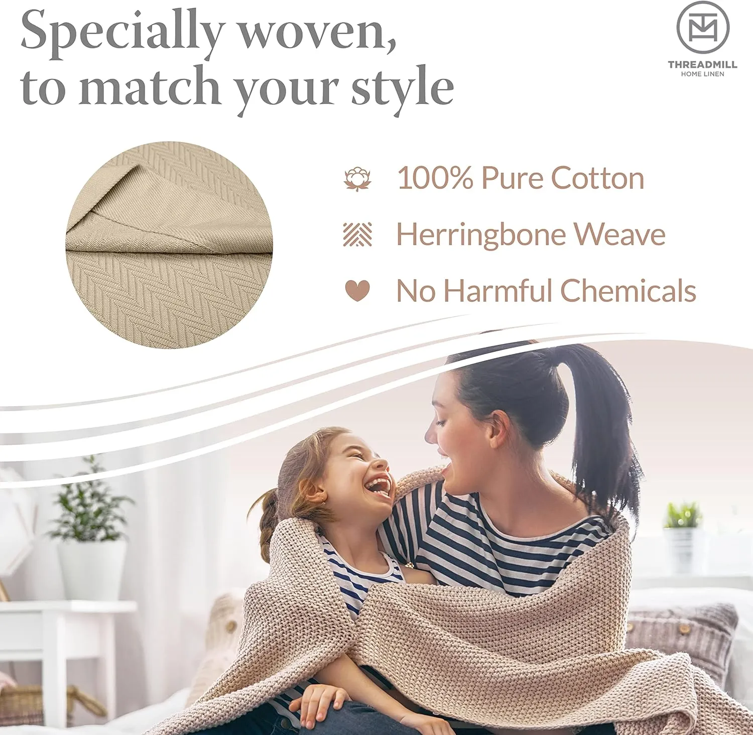Threadmill Luxury Cotton Blankets for Queen Size Bed | All-Season 100% Cotton Queen Size Blanket | Herringbone Cozy, Soft Breathable Fall Thermal Blanket fits Full Size Bed, 90x92 | Beige