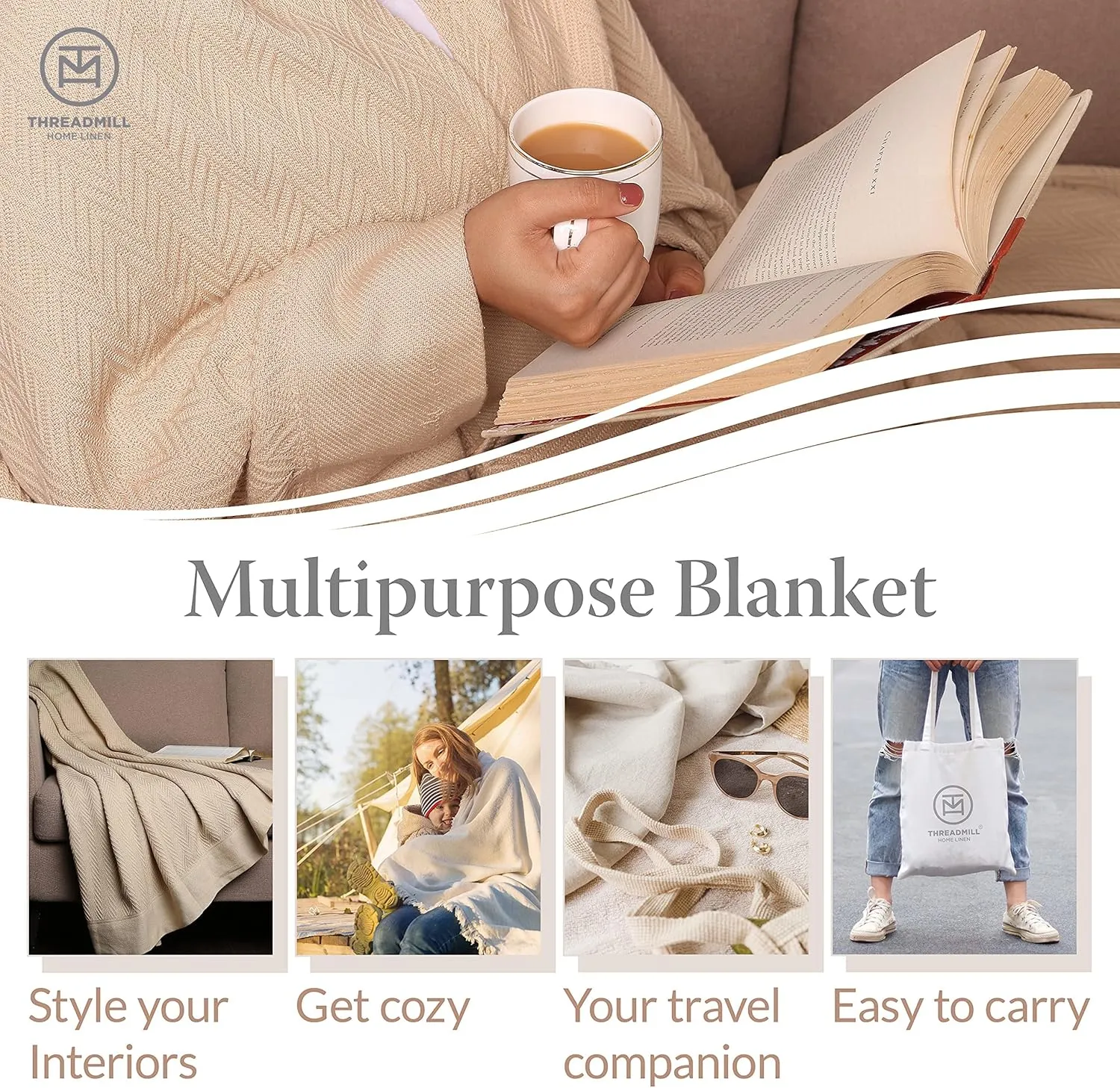 Threadmill Luxury Cotton Blankets for Queen Size Bed | All-Season 100% Cotton Queen Size Blanket | Herringbone Cozy, Soft Breathable Fall Thermal Blanket fits Full Size Bed, 90x92 | Beige