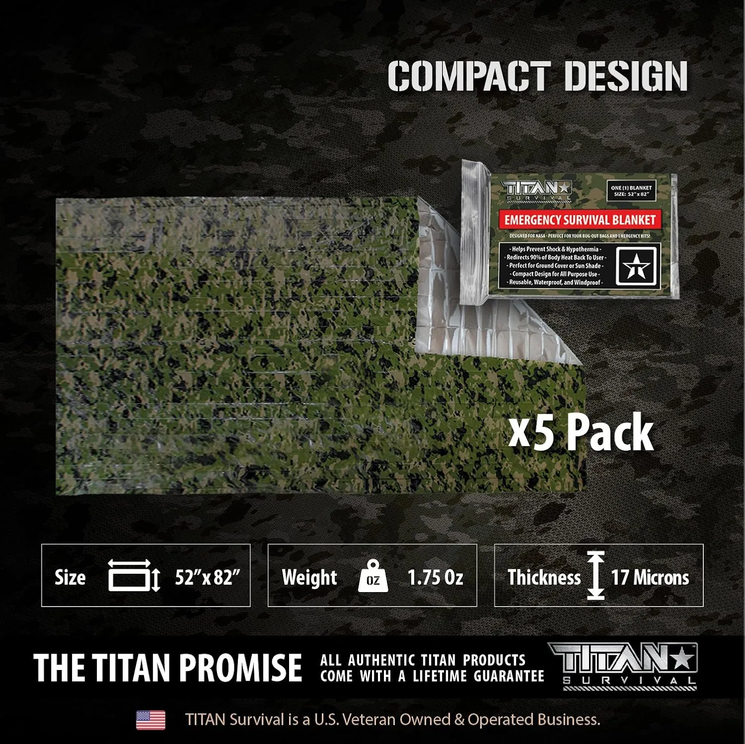 TITAN Survival - Mylar Survival Blankets 5 Pack - 90% Heat Retention & Waterproof Design - Emergency Blanket Cold Weather Protection & Survival Kits - Durable Space Blanket for Outdoor Use