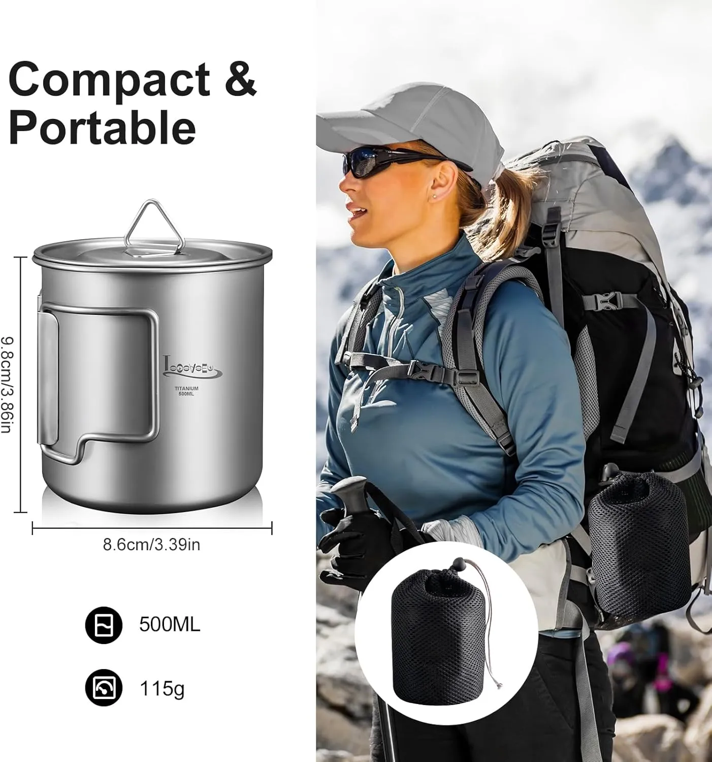 Titanium Pot with Lid, Lightweight Camping Pot with Foldable Handles, Portable Titanium Cooking Pot, Backpacking Pot Titanium Cookware with Carry Bag