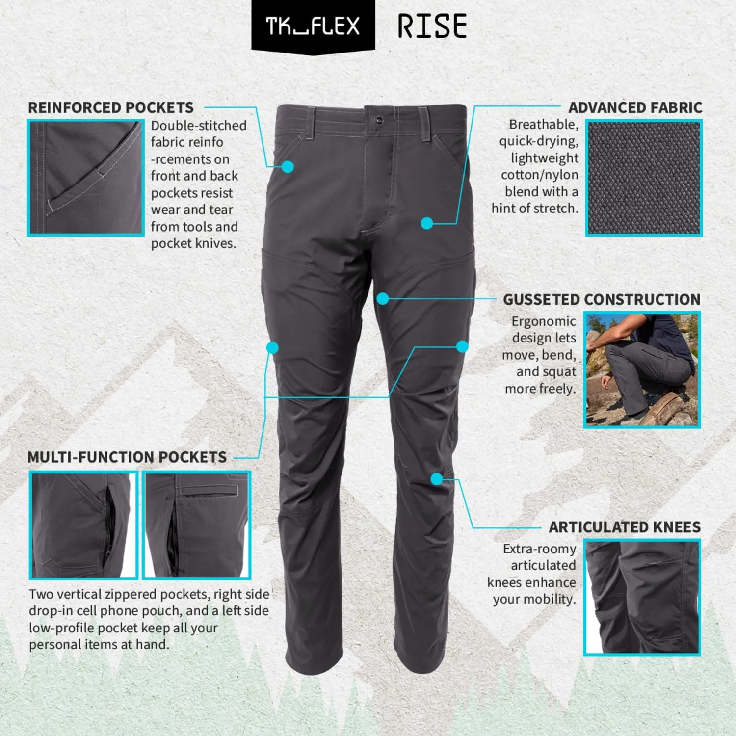 TK Flex Rise Men's Technical Pants Quick Dry Breathable Outdoor Hiking 8 Pockets Deep Gray