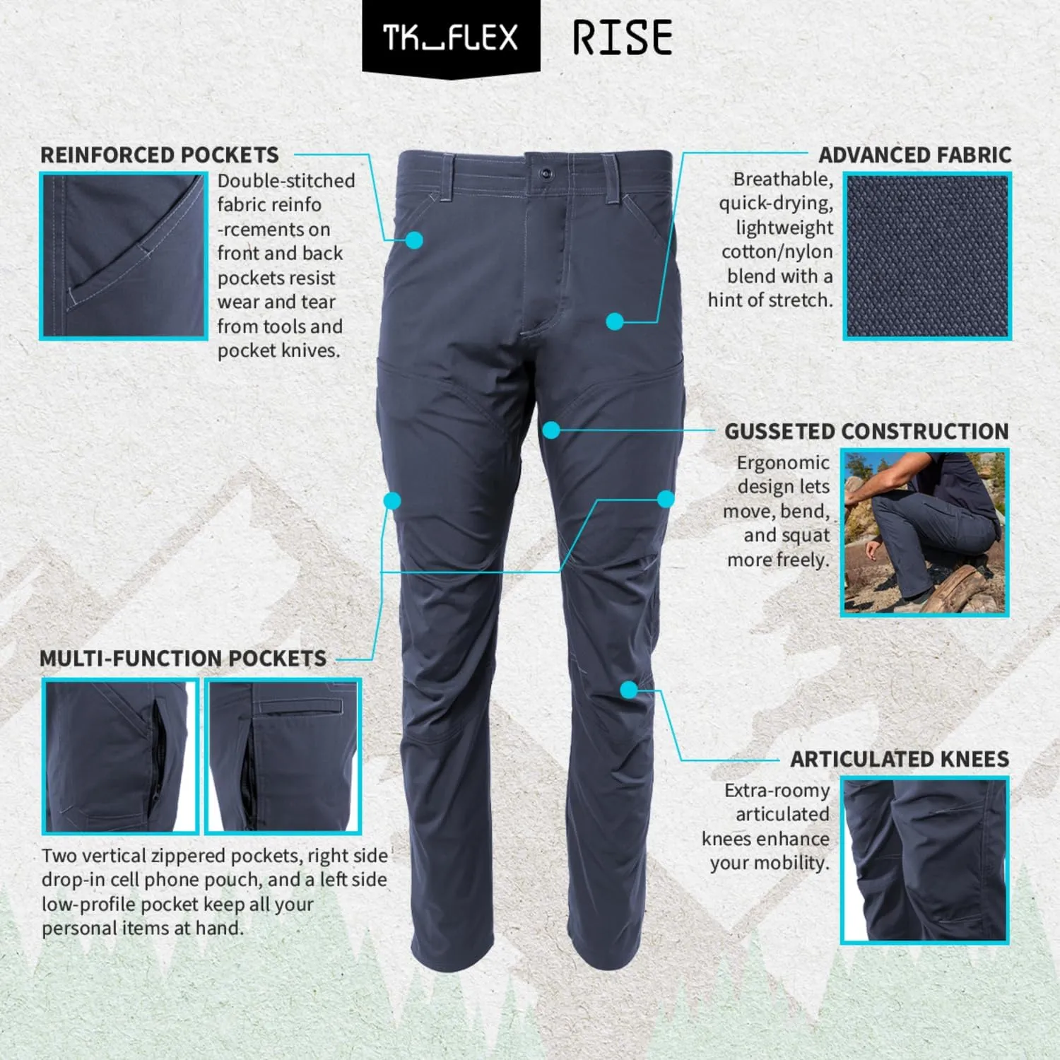 TK Flex Rise Men's Technical Pants Quick Dry Breathable Outdoor Hiking 8 Pockets Deep Gray