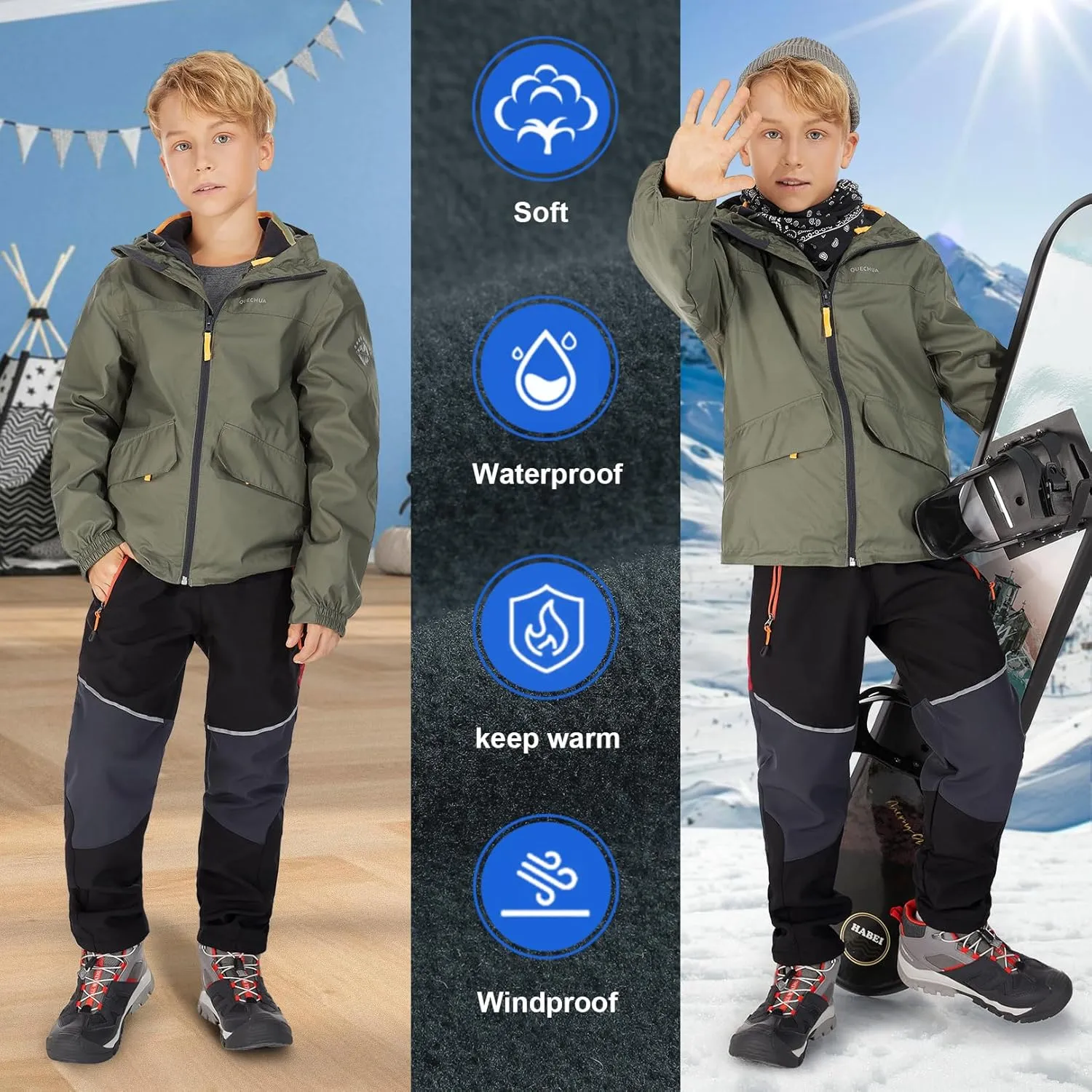 Toomett Boys snow cargo pants, Girls Kids Outdoor Fleece-Lined Soft Shell Hiking Fishing ski Insulated Pants