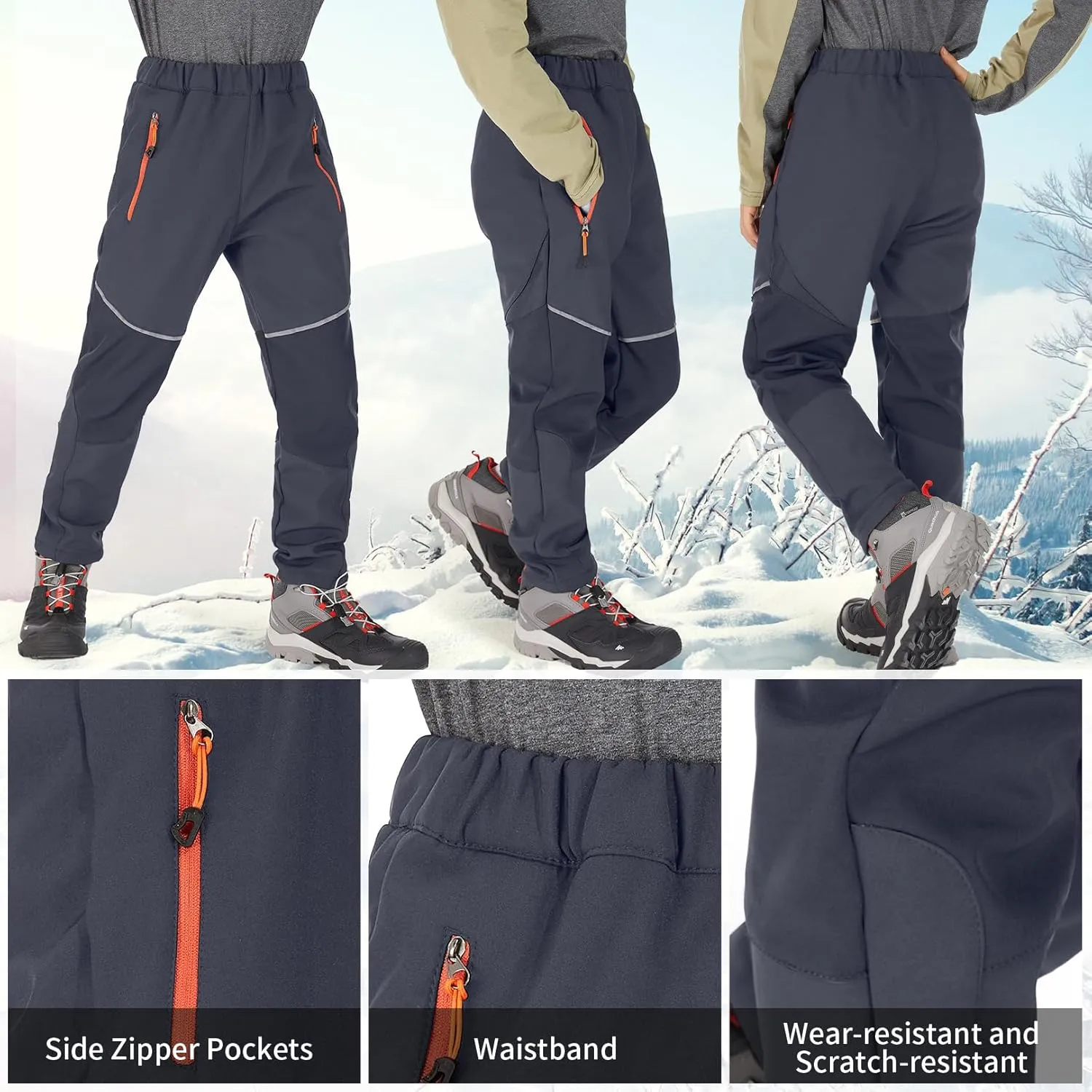 Toomett Boys snow cargo pants, Girls Kids Outdoor Fleece-Lined Soft Shell Hiking Fishing ski Insulated Pants