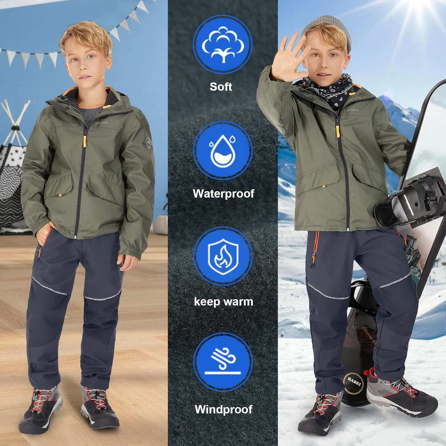 Toomett Boys snow cargo pants, Girls Kids Outdoor Fleece-Lined Soft Shell Hiking Fishing ski Insulated Pants