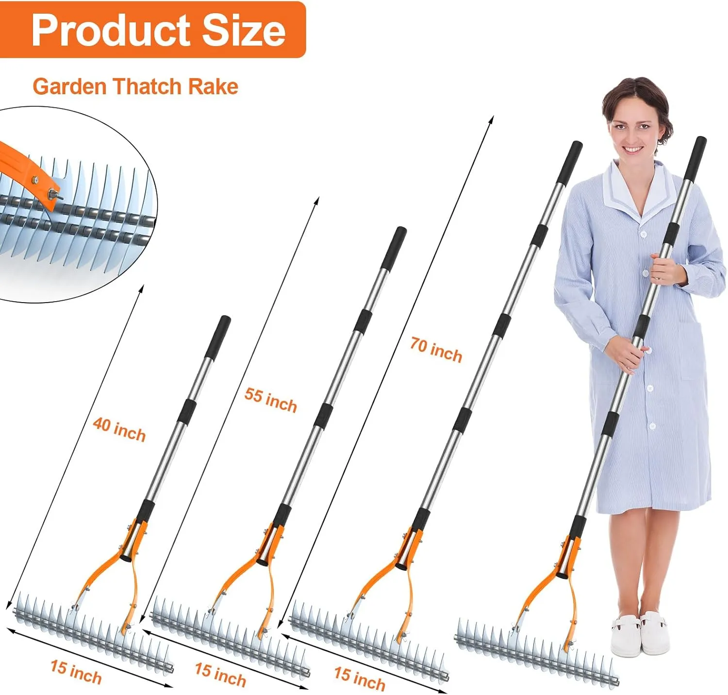 TOOVEM Thatch Rake, 15-inch Lawn Thatching Rake with Heavy Duty Steel Tines & Ergonomic Handle, 70'' Professional Dethatching Rakes for Cleaning Dead Grass, Yard Garden Durable Soil Rakes