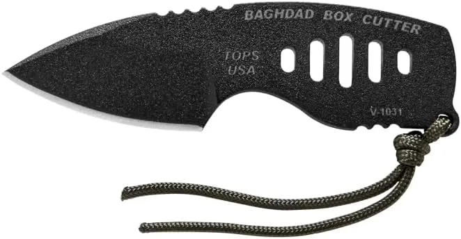 TOPS Knives Baghdad Box Cutter Full Tang Fixed Blade-Black Traction Coating Blade Finish- Black Kydex Sheath w/Multi-Position Spring Steel (Skeletonized Handle)