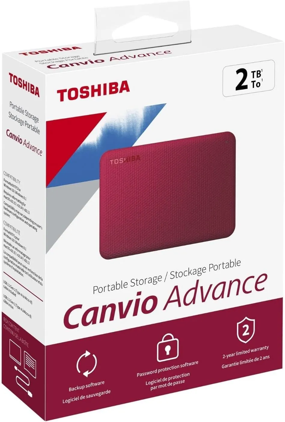 Toshiba Canvio Advance 2TB Portable External Hard Drive USB 3.0, Red - HDTCA20XR3AA