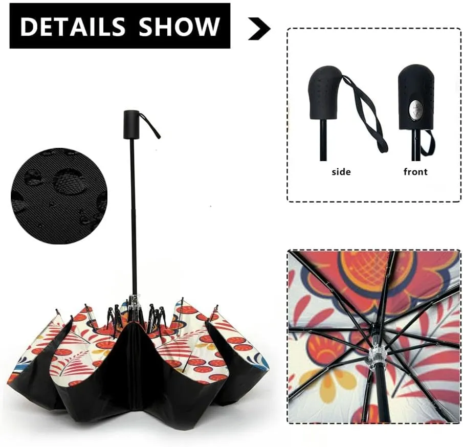 Travel Umbrella for Rain Windproof Indian floral paisley border Tropical flowers motif decoration Automatic Cute Portable Compact Umbrella for Women Purse Backpack Car Black Sun UV Protection