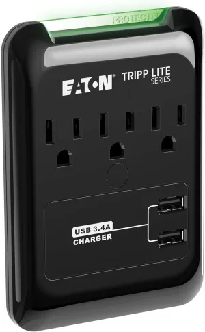 Tripp Lite 3 Outlet Portable Surge Protector Power Strip, Direct Plug in, 2 USB, & $5,000 Insurance (SK30USB) Black