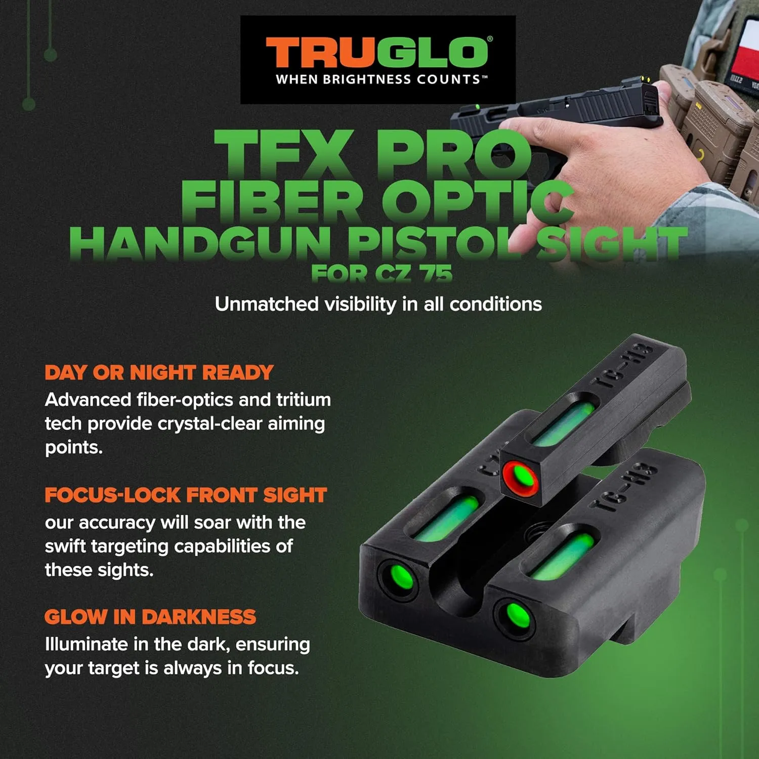 Truglo TFX PRO Handgun Sight, Glowing Shock Proof Tritium and Fiber Optic Night Sight for Handguns, Compact, Durable, and Snag Free Sight