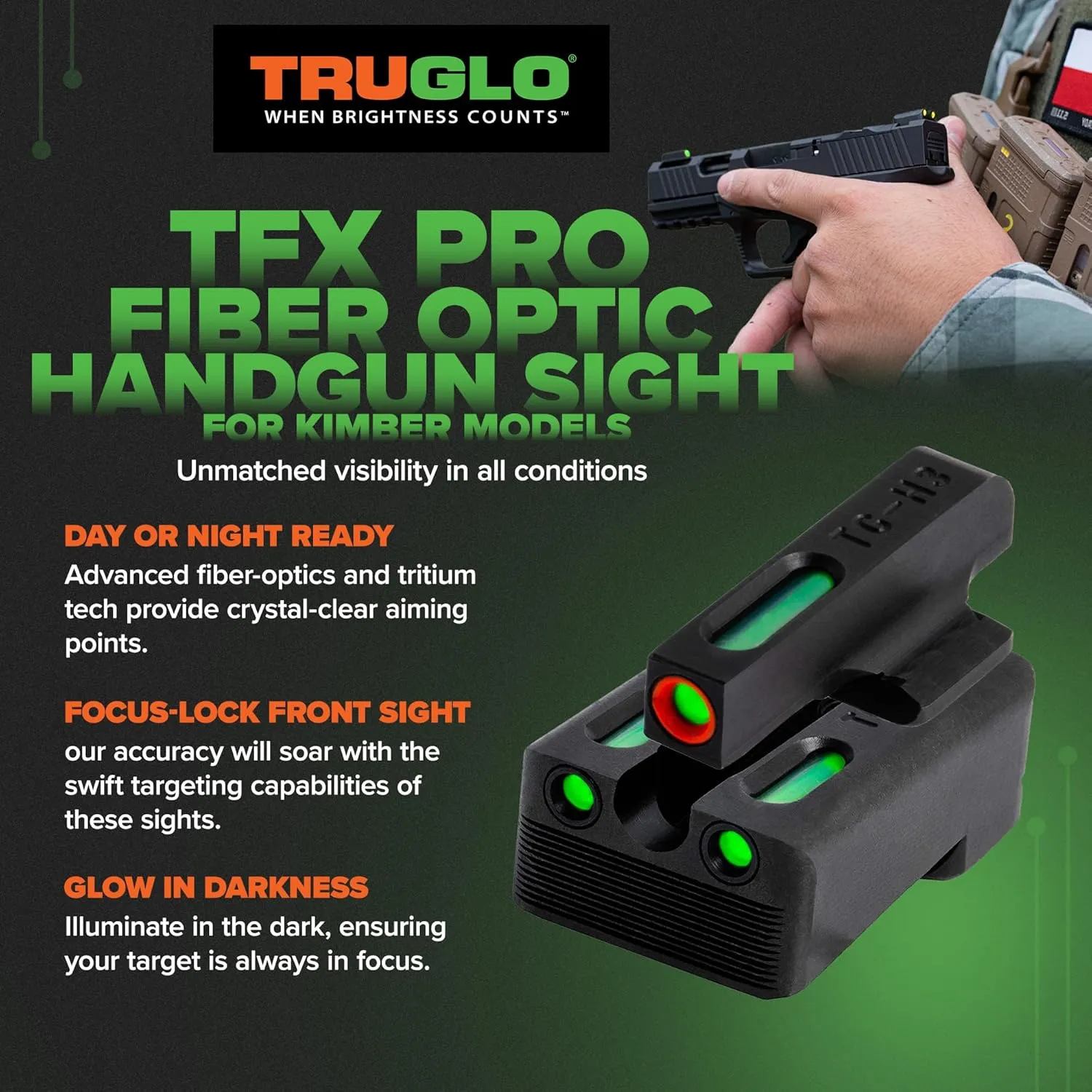 Truglo TFX PRO Handgun Sight, Glowing Shock Proof Tritium and Fiber Optic Night Sight for Handguns, Compact, Durable, and Snag Free Sight