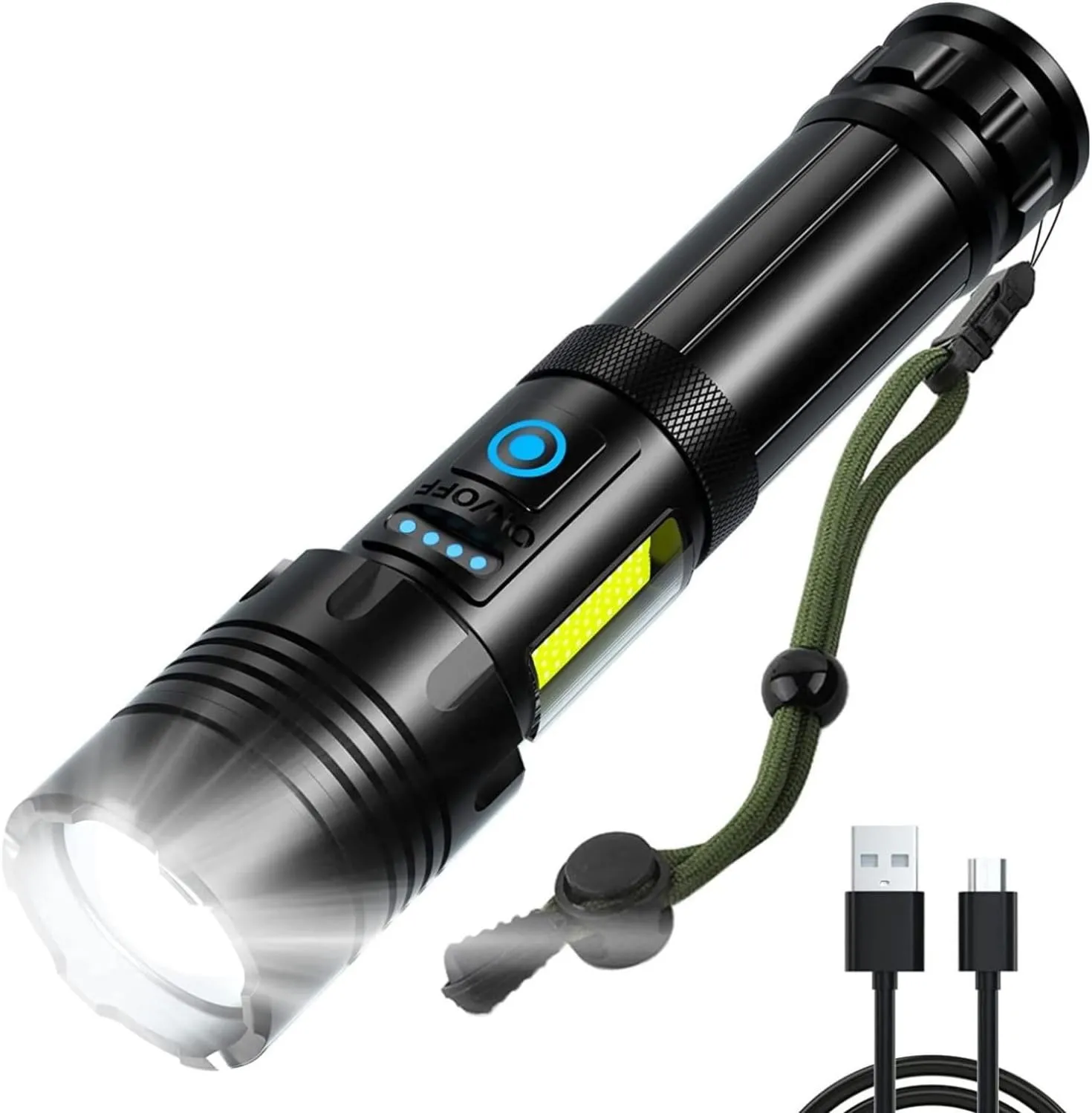 Ultra-Bright LED Flashlight – 90,000 Lumens, Dual-Core XHP70, USB Rechargeable, 5000mAh Battery, IPX6 Waterproof, 5 Modes, Zoomable, Ideal for Camping, Hiking & Emergencies