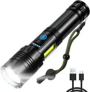 Ultra-Bright LED Flashlight – 90,000 Lumens, Dual-Core XHP70, USB Rechargeable, 5000mAh Battery, IPX6 Waterproof, 5 Modes, Zoomable, Ideal for Camping, Hiking & Emergencies