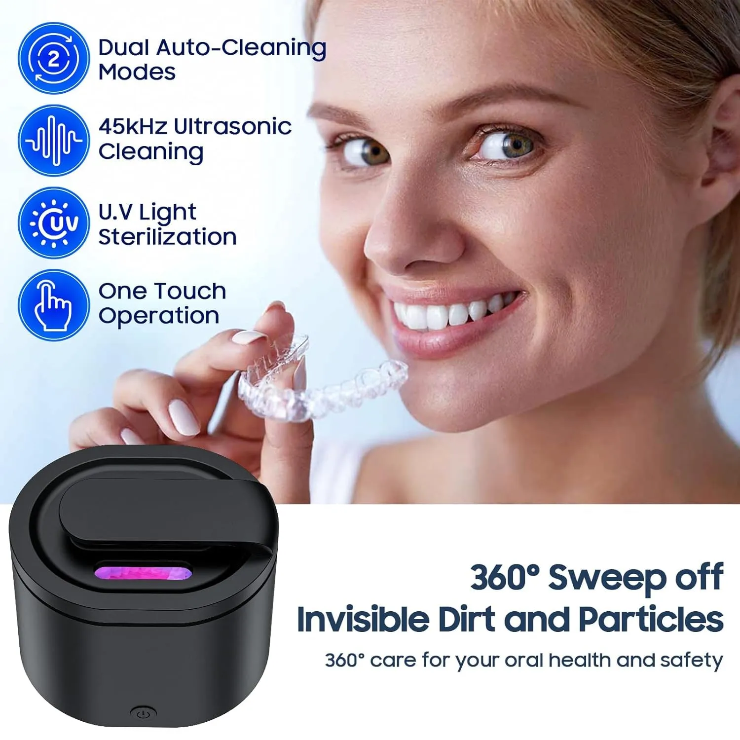 Ultrasonic Retainer Cleaner Machine for Denture: 45000Hz Portable Sonic Dental Pod for Mouth Guard