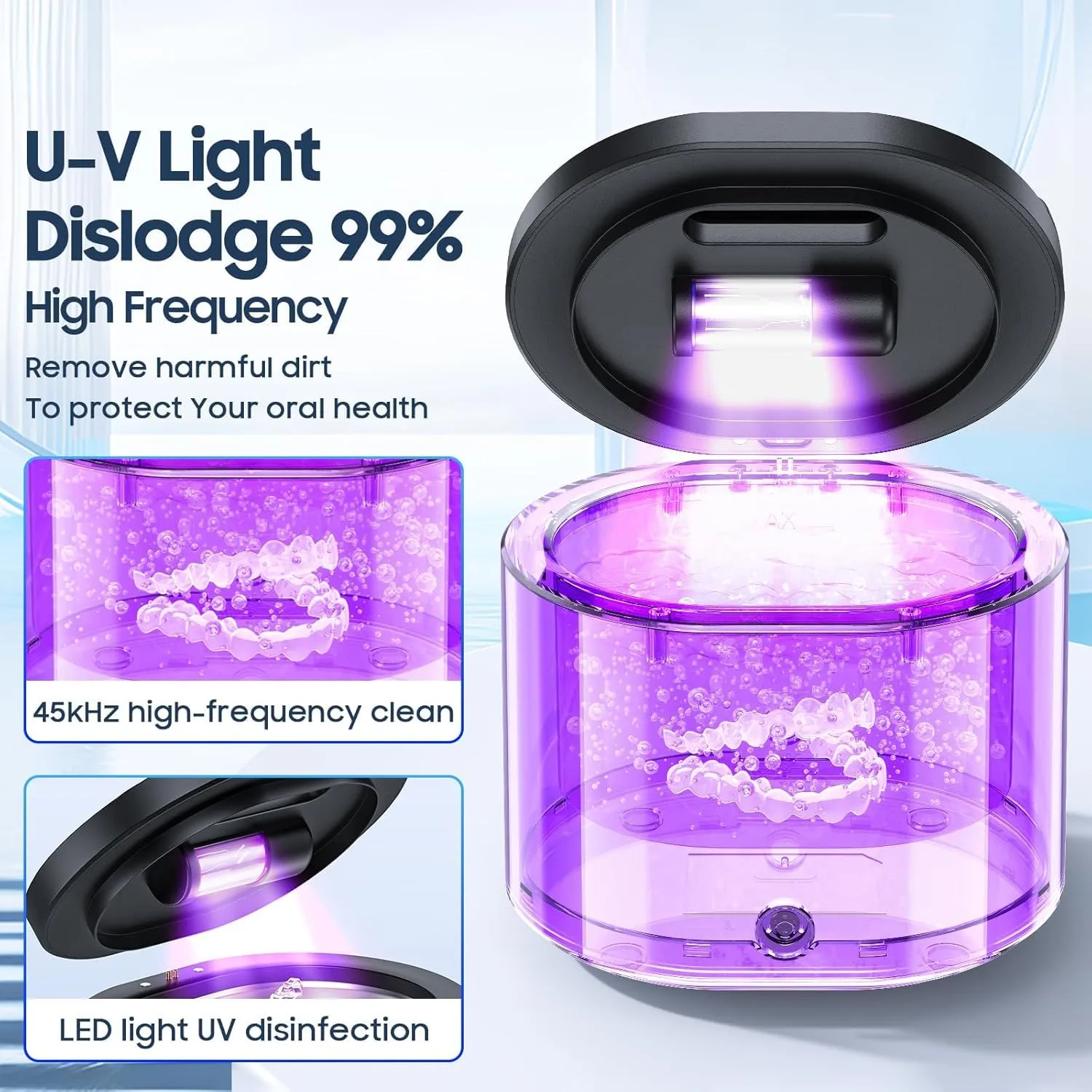 Ultrasonic Retainer Cleaner Machine for Denture: 45000Hz Portable Sonic Dental Pod for Mouth Guard