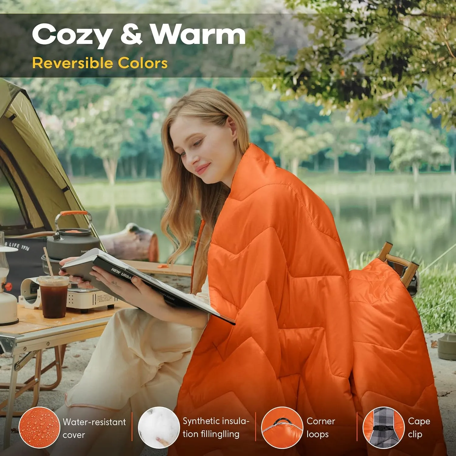 UNIKOME Packable Travel Blanket, Lightweight and Waterproof, Down Alternative, Corner Loops, 75'52', Orange