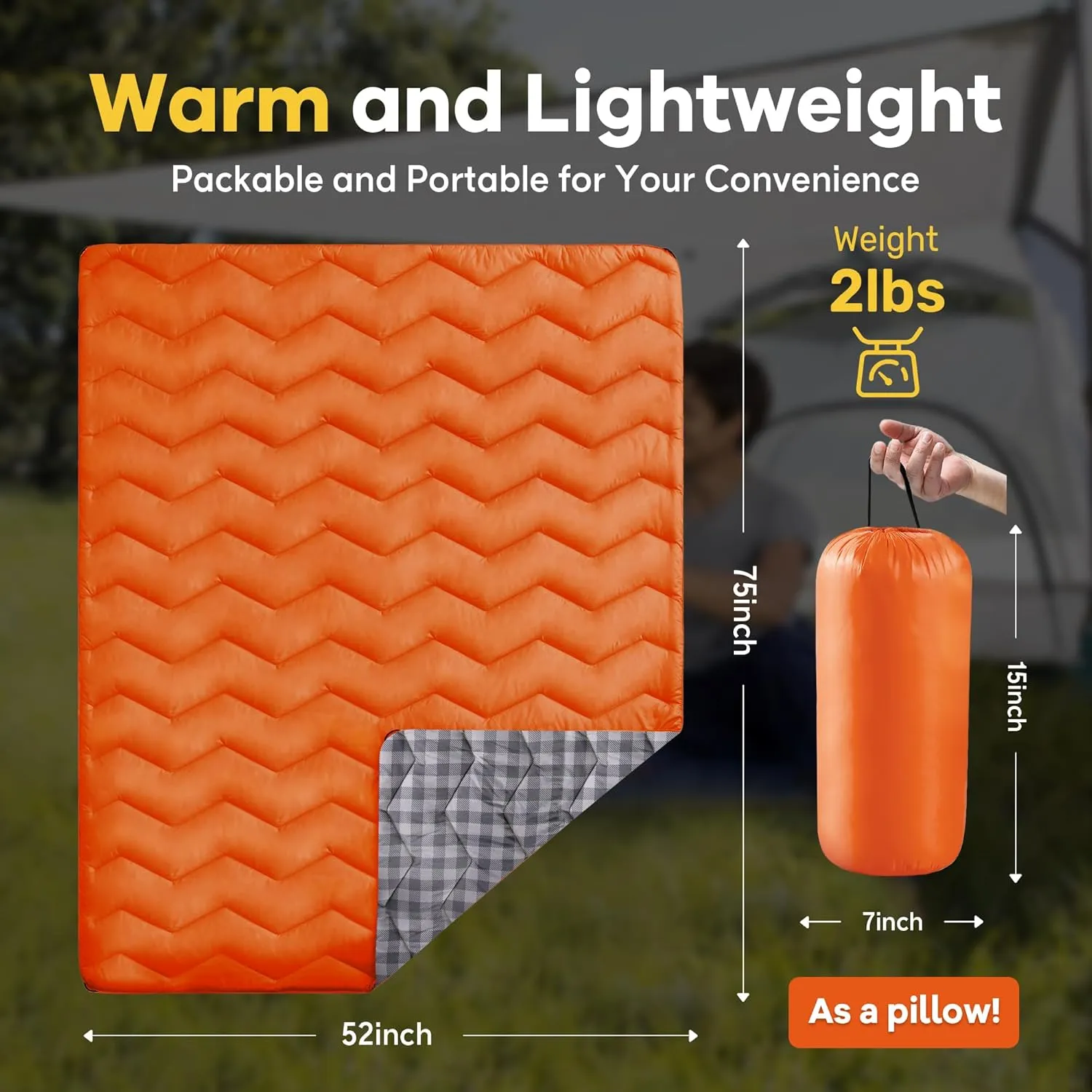 UNIKOME Packable Travel Blanket, Lightweight and Waterproof, Down Alternative, Corner Loops, 75'52', Orange